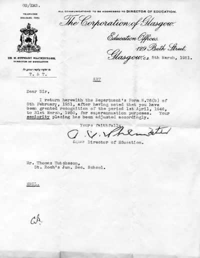 Tom Hutcheson, Education Department Letter, 1951