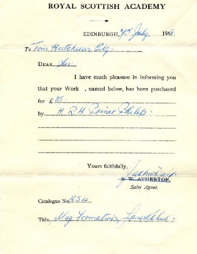 Tom Hutcheson, RSA Sales Note, 1958